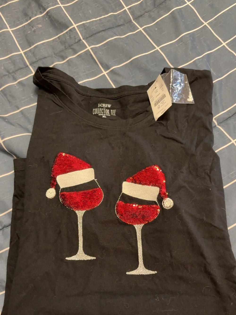 J. Crew Black Sequin Wine Glass Holiday Tee